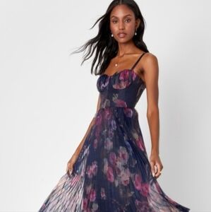Lulu's Navy and Pink Floral Midi Dress
